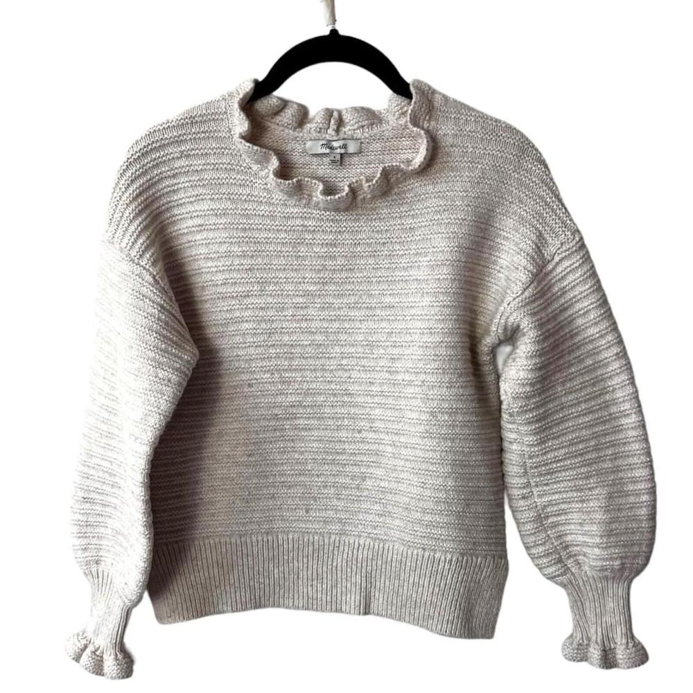 Madewell Ruffle Neck Pullover Cream Sweater Puffy Sleeve Cream Sz Small Womens